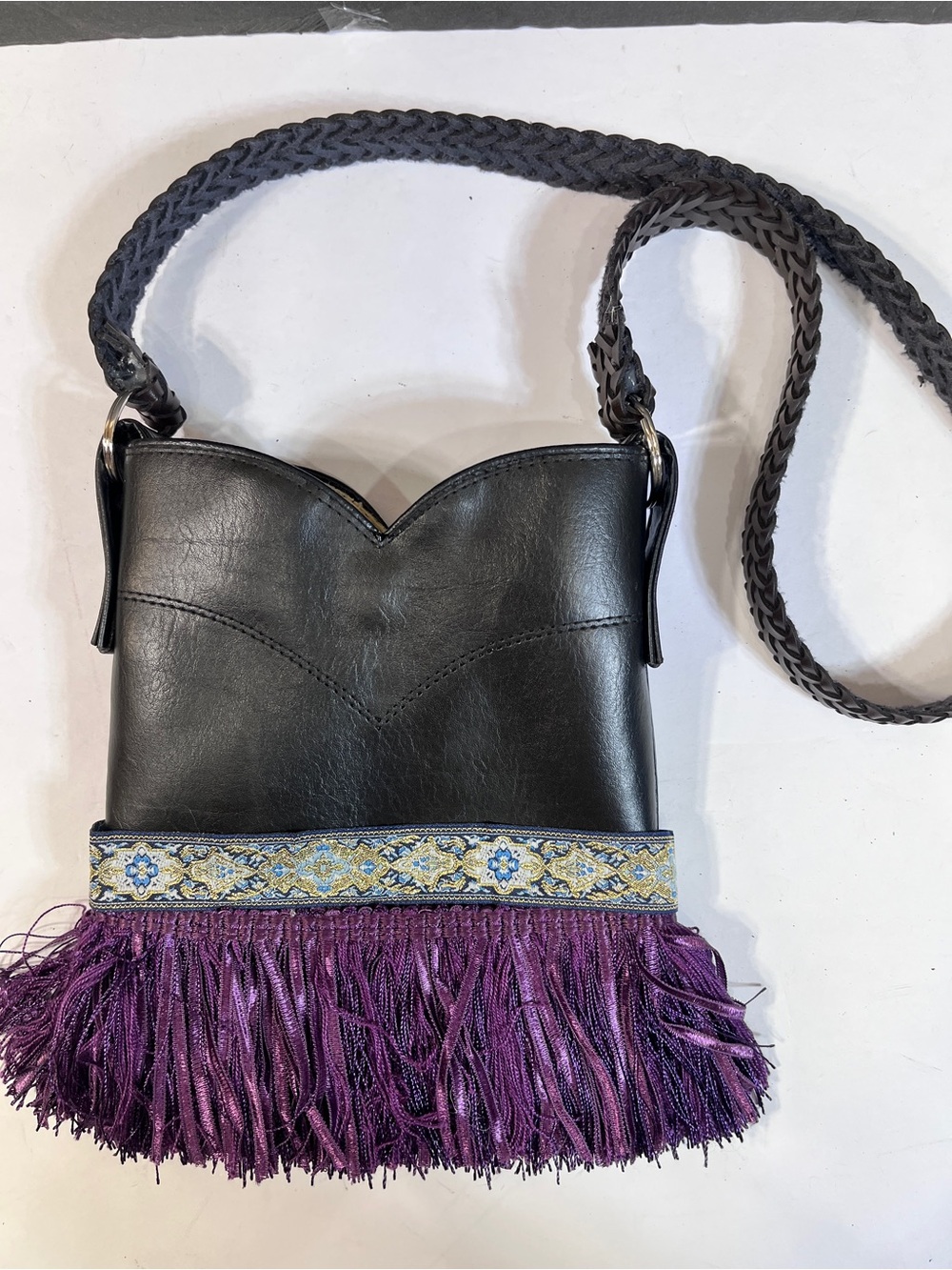 UpCycled Black Boot Leather Crossbody Bag with Purple Fringe